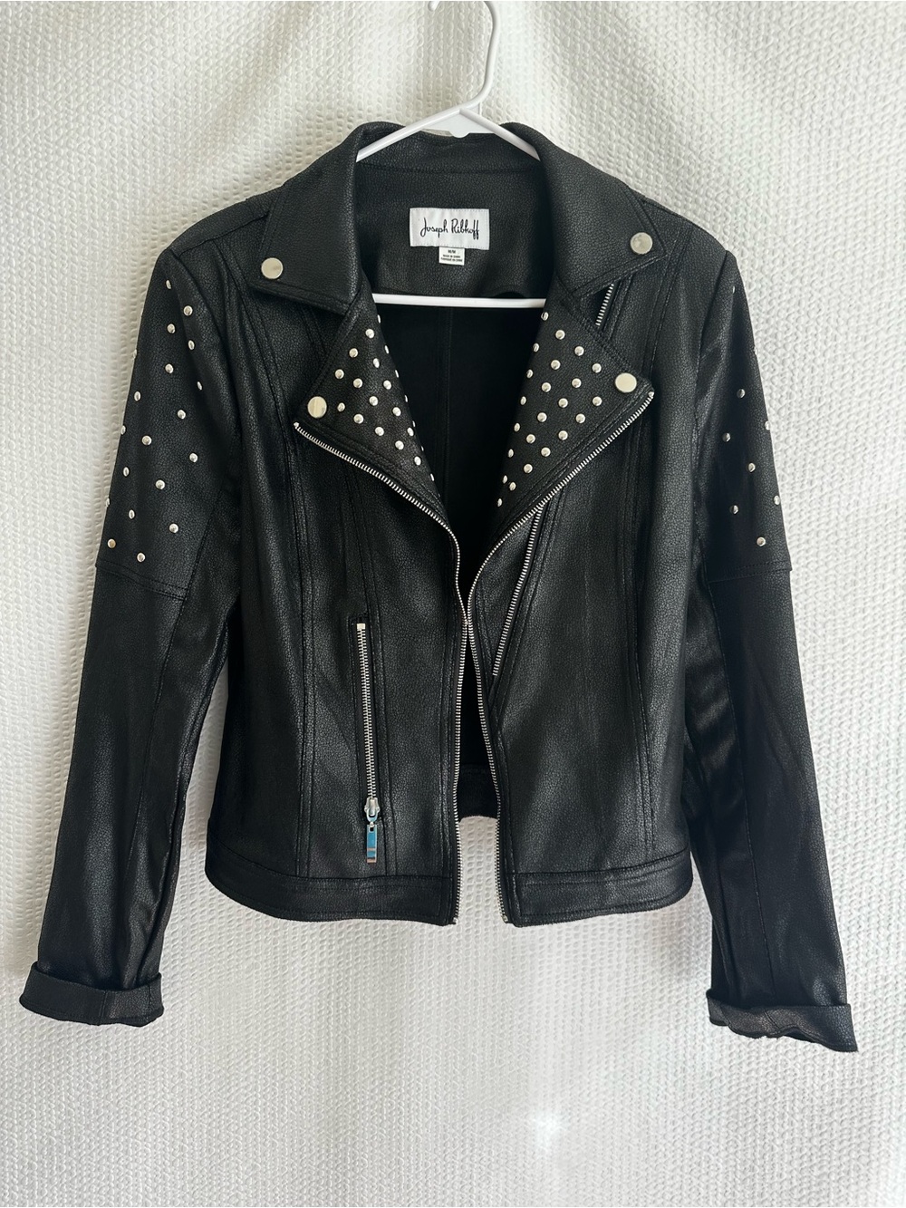 JOSEPH RIBKOFF Black Studded Faux Leather Moto Biker Jacket Women’s Medium